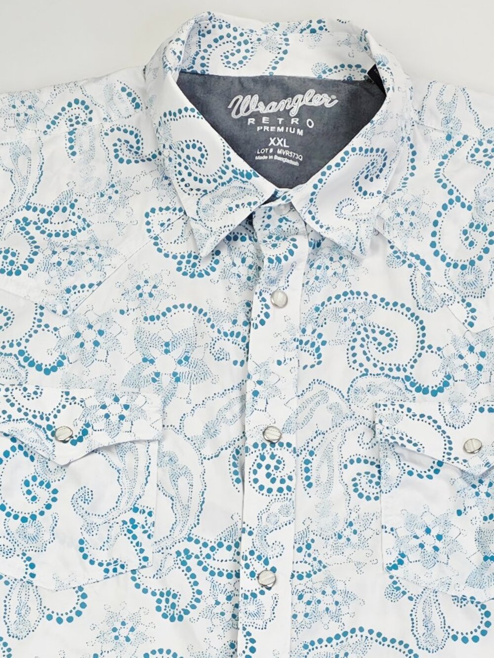 Wrangler Retro Premium White Blue Paisley Snap Mens Size 2XL Logo Western Shirt